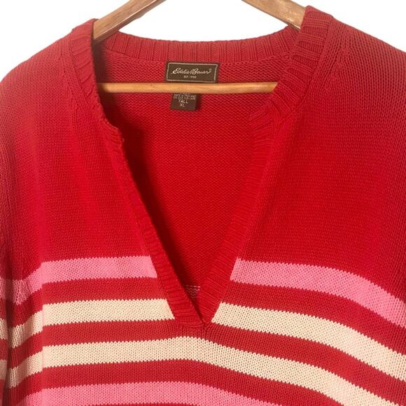 Eddie Bauer Size XL Tall Cotton Pink Striped V-Neck Pullover Sweater - Picture 3 of 7